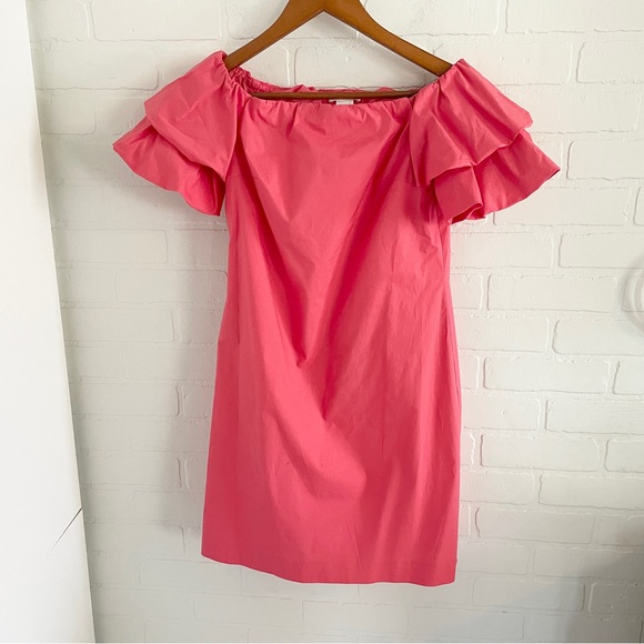 Club Monaco Statement Off-Shoulder Crisp Poplin Cotton Ruffle Micro Dress Coral - Picture 2 of 9